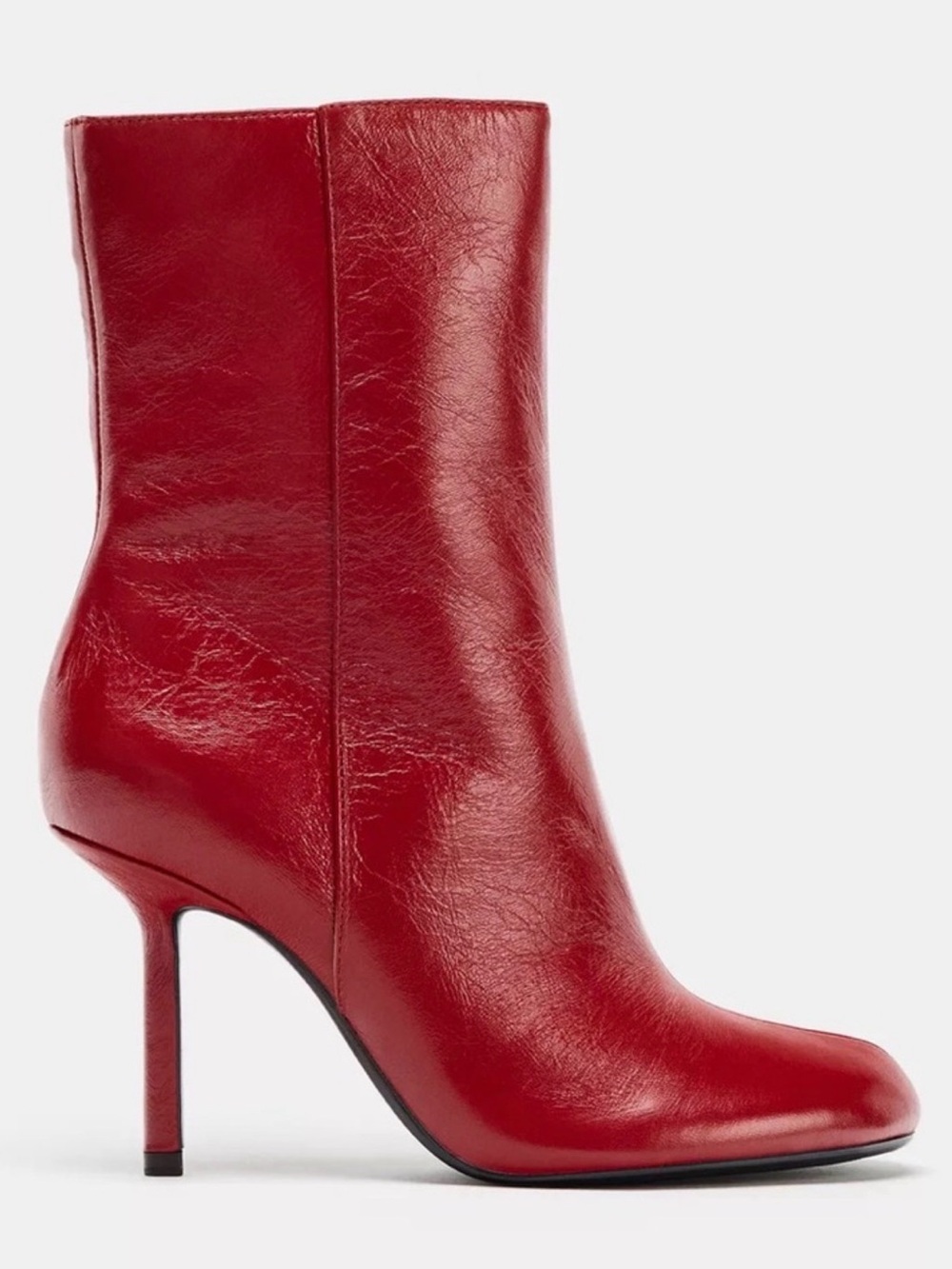 Zara Leather Heeled Ankle Boots Red Stiletto High Heel Rounded Toe 7.5